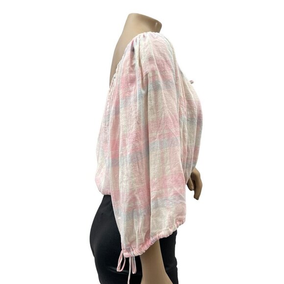 FORE‎ Pink White Plaid Off-Shoulder Tunic Blouse Cropped Womens S - Picture 9 of 10